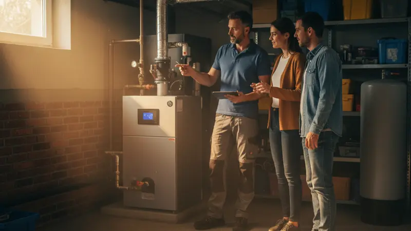 Energieberater prüft die Heizungsanlage in einem Keller als Vorbereitung für den Wechsel zur Wärmepumpe