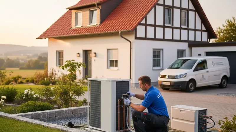 Facharbeiter installiert eine moderne Wärmepumpe an einem deutschen Einfamilienhaus