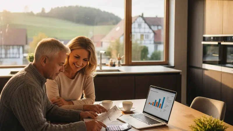 Hausbesitzer vergleichen Energiekosten am Küchentisch mit Unterlagen und Taschenrechner