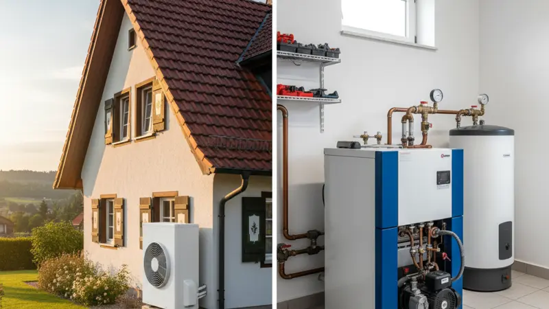 Vergleich: Moderne Wärmepumpe neben einem Einfamilienhaus und klassische Gasheizung im Keller