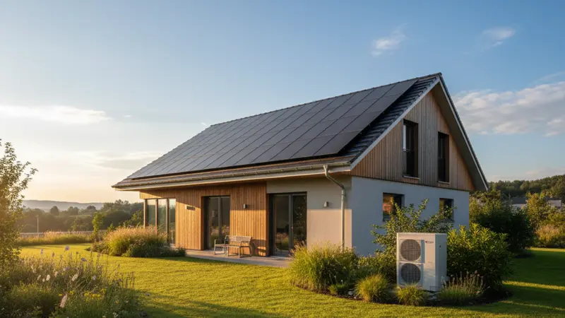 Modernes deutsches Haus mit Solaranlage und Wärmepumpe als Symbol für zukunftssichere Heiztechnik