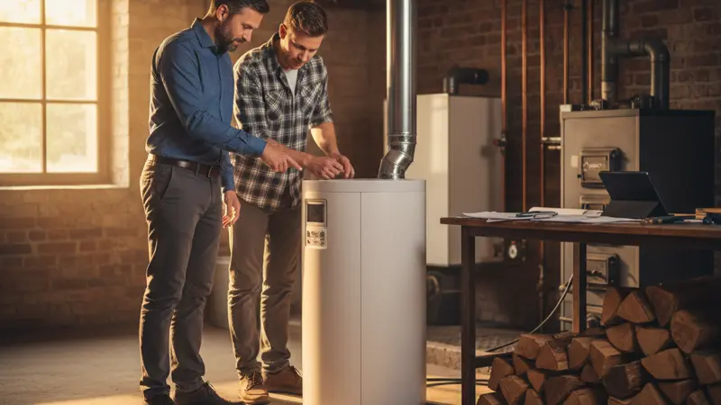 Fachberater erklärt Hausbesitzer eine Brauchwasser-Wärmepumpe