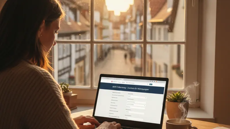 Online-Förderantrag für Brauchwasser-Wärmepumpe am Laptop