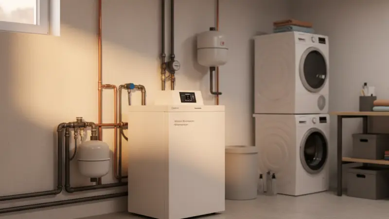 Moderne Brauchwasser-Wärmepumpe im Keller eines Einfamilienhauses