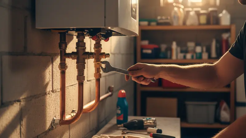 Installateur montiert Brauchwasser-Wärmepumpe im Keller