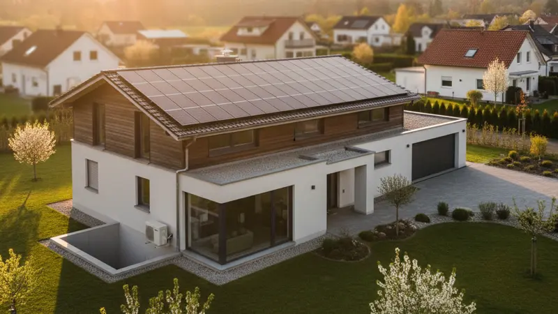 Einfamilienhaus mit Solaranlage auf dem Dach und Brauchwasser-Wärmepumpe im Keller
