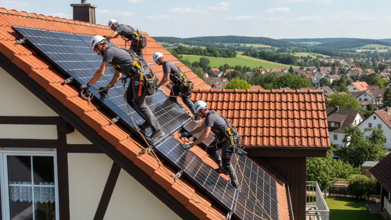Montage einer Solaranlage auf einem Stuttgarter Dach