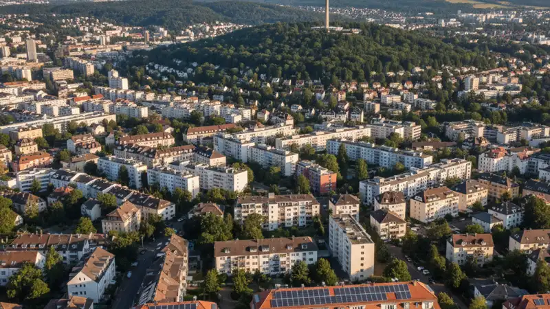 Panoramablick über Stuttgart mit Solaranlagen auf Dächern