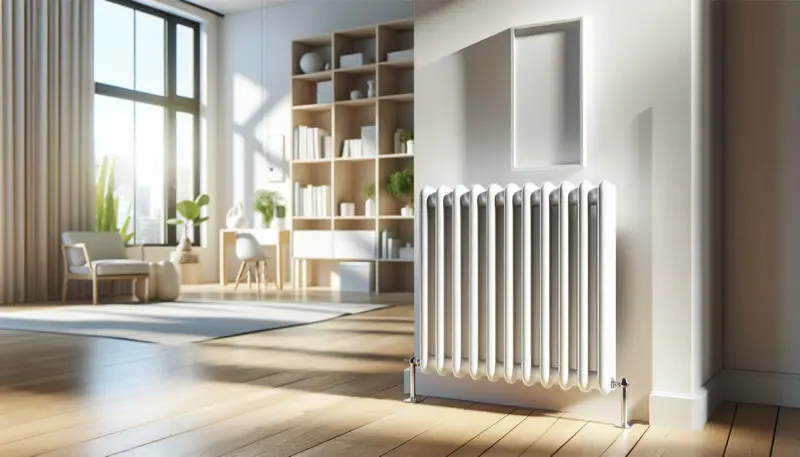 Wärmepumpe mit Heizkörpern im modernen Einfamilienhaus, Darstellung der Kombination aus Wärmepumpe und Heizkörpersystem