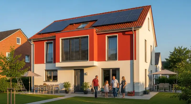Villa mit Photovoltaikanlage auf dem Dach in Wolfsburg umgeben von grünen Bäumen