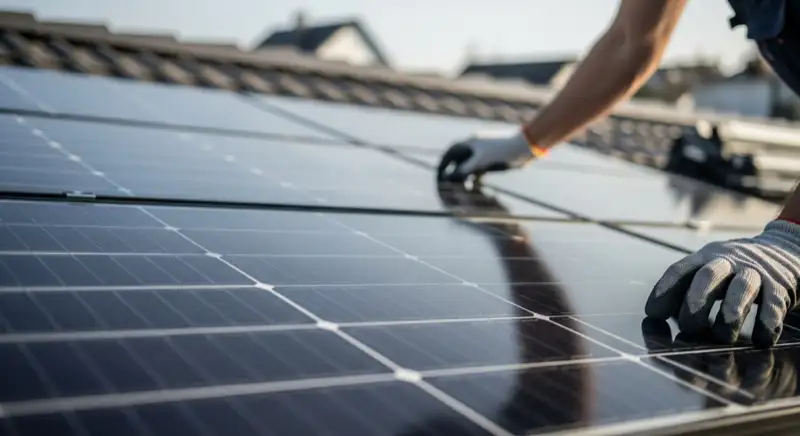 Luftaufnahme von Wolfsburg mit Solardächern, grünen Bäumen und Allerbogen