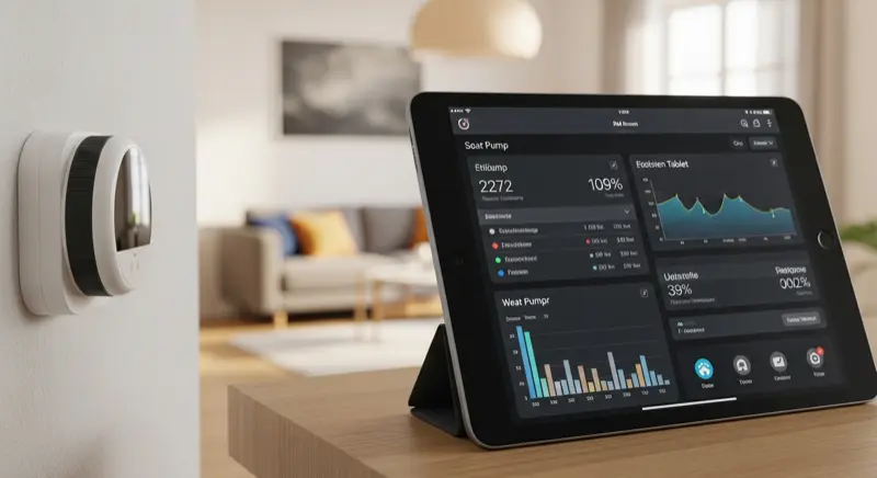 Smart-Home-Display mit Wärmepumpensteuerung in einem modernen Ahlener Wohnzimmer