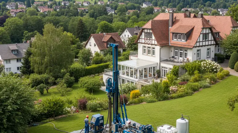 Erdwärmebohrung auf einem Grundstück in Bonn am Siebengebirge mit professionellem Bohrgerät