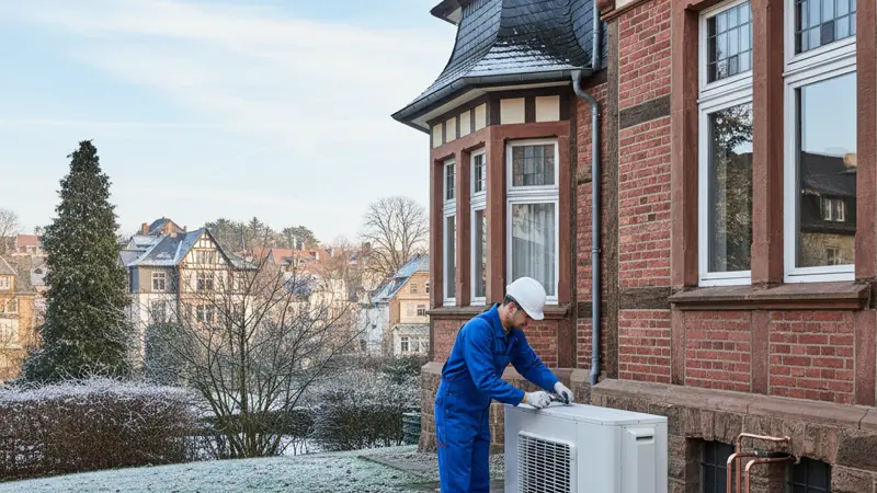 Fachinstallateur bei der Montage einer Wärmepumpe an einem Bonner Einfamilienhaus