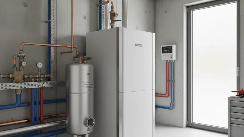 Moderner Technikraum mit Wärmepumpe, Pufferspeicher und Hydraulik in einem Bonner Keller