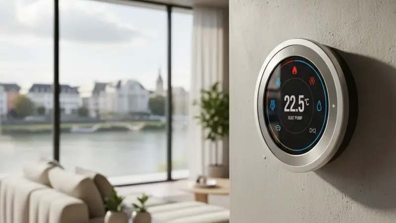 Smart-Home-Display mit Wärmepumpensteuerung in einem modernen Bonner Wohnzimmer mit Rheinblick