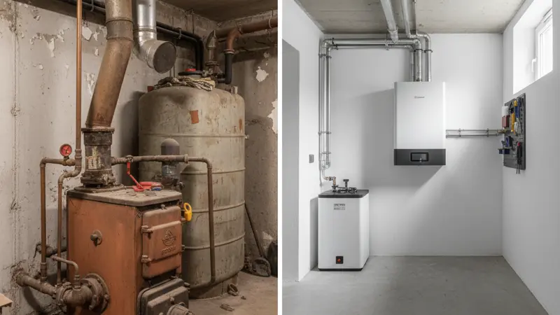 Vorher-Nachher-Vergleich: alte Ölheizung und moderne Wärmepumpe in einem Bonner Keller