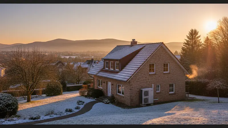 Milde Winterszene in einem Bonner Vorort mit Wärmepumpe am Einfamilienhaus und Siebengebirge im Hintergrund