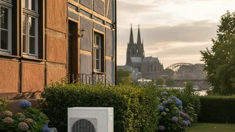 Moderne Luft-Wasser-Wärmepumpe im Garten eines Einfamilienhauses in Bünde-Spradow mit Blick auf die Bünder Skyline