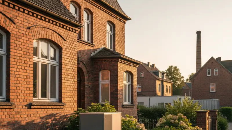 Typisches Duisburger Zechensiedlungshaus aus den 1920ern mit moderner Wärmepumpe im Vorgarten