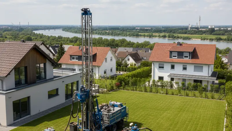 Erdwärmebohrung auf einem Grundstück im Duisburger Süden mit Rheintal-Geologie
