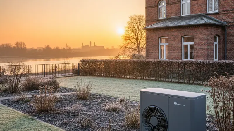 Moderne Luft-Wasser-Wärmepumpe im Vorgarten eines Duisburger Wohnhauses mit Klinkerfassade am Rhein