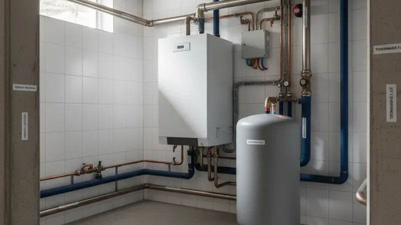 Moderner Technikraum mit Wärmepumpe und Pufferspeicher im Keller eines Duisburger Altbaus