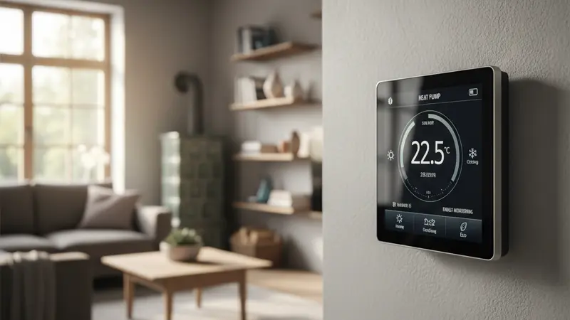 Smart-Home-Display mit Wärmepumpensteuerung und Energiemonitoring in einem Duisburger Wohnzimmer