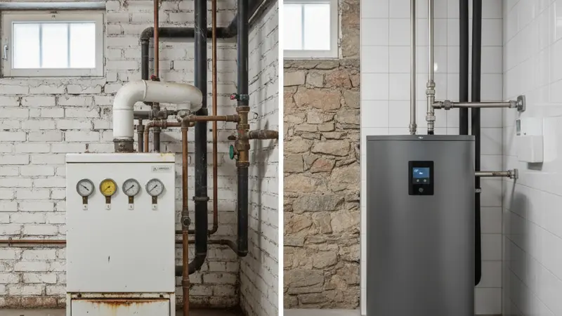 Vorher-Nachher-Vergleich: alte Gasheizung und moderne Wärmepumpe im Keller eines Duisburger Altbaus