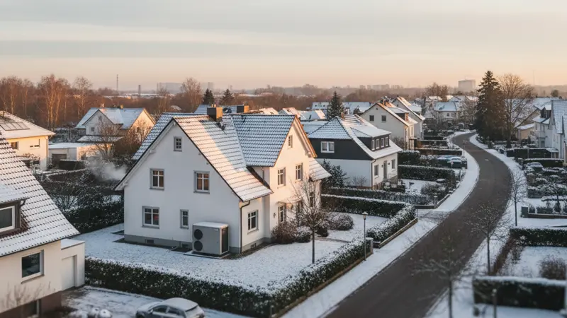 Winterszene in einem Duisburger Vorort mit Wohnhäusern und Wärmepumpe, Rhein-Ruhr-Landschaft