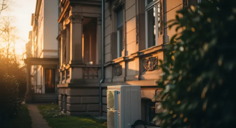 Typisches Frankfurter Gründerzeithaus mit nachgerüsteter Wärmepumpe im Seitengarten