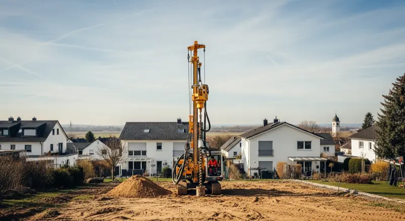 Erdwärmebohrung in einem Frankfurter Wohngebiet mit grüner Umgebung und typischen Einfamilienhäusern