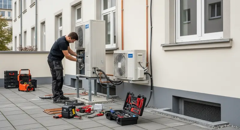 Fachhandwerker bei der Installation einer Wärmepumpe in einem Frankfurter Einfamilienhaus