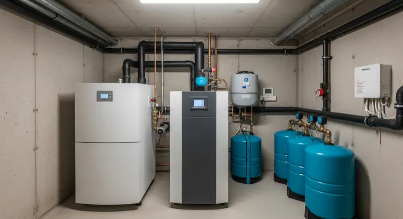 Moderner Technikraum mit Wärmepumpen-Inneneinheit und Pufferspeicher in einem Frankfurter Keller