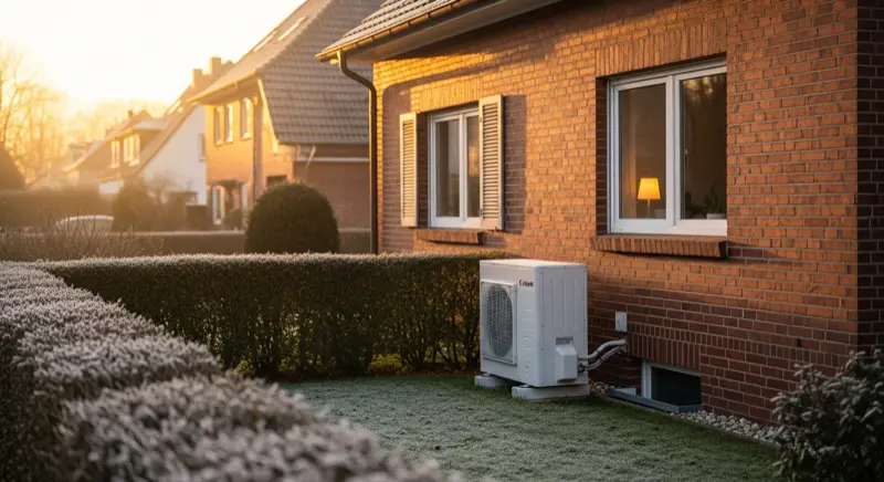 Moderne Luft-Wasser-Wärmepumpe im Garten eines Siedlungshauses in Gelsenkirchen-Buer mit gepflegtem Vorgarten