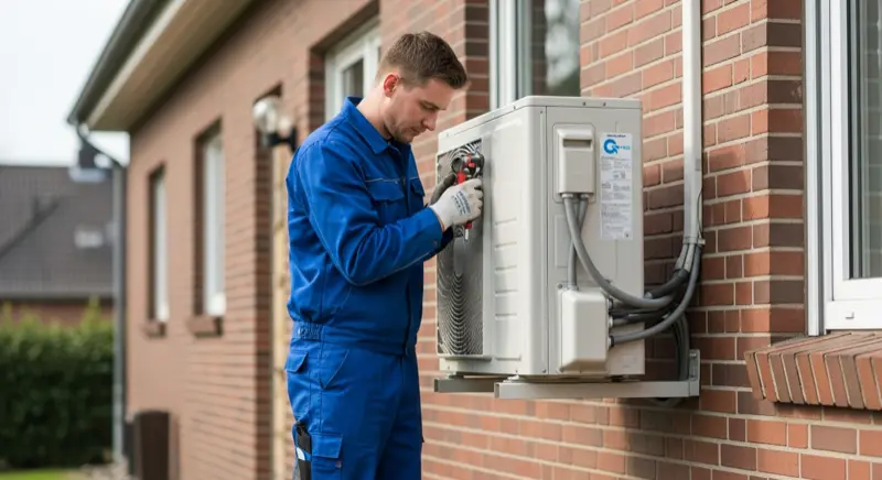 Heizungsinstallateur montiert eine Wärmepumpe in einem Gelsenkirchener Siedlungshaus mit professionellem Werkzeug