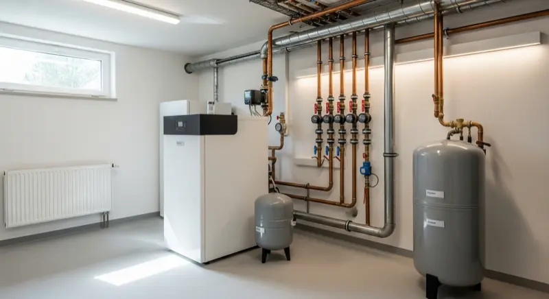 Moderner Technikraum mit Wärmepumpen-Inneneinheit und Pufferspeicher im Keller eines Gelsenkirchener Siedlungshauses