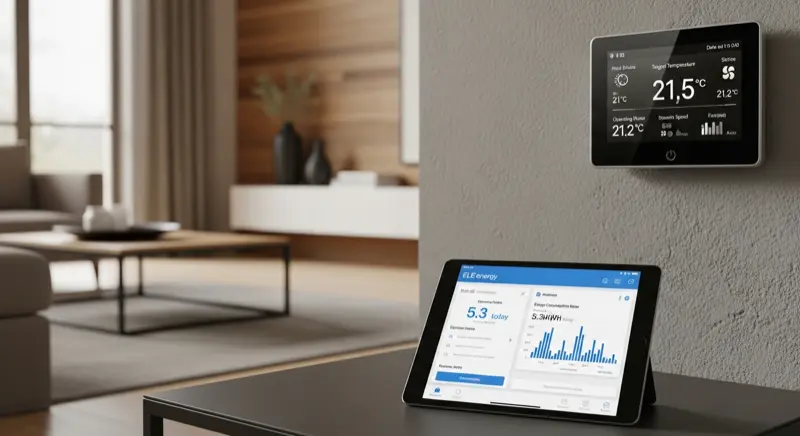 Smart-Home-Display zeigt Wärmepumpen-Steuerung und Energieverbrauch in einem Gelsenkirchener Wohnzimmer