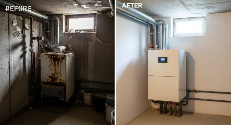 Vorher und nachher: Alte Gasheizung neben moderner Wärmepumpe in einem Gelsenkirchener Siedlungshaus