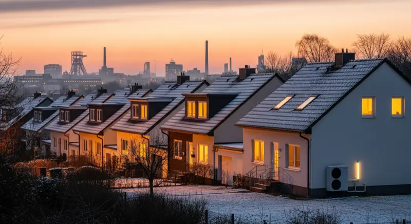 Winterliche Siedlung in Gelsenkirchen-Erle mit Wärmepumpen an sanierten Nachkriegshäusern und leichtem Frost