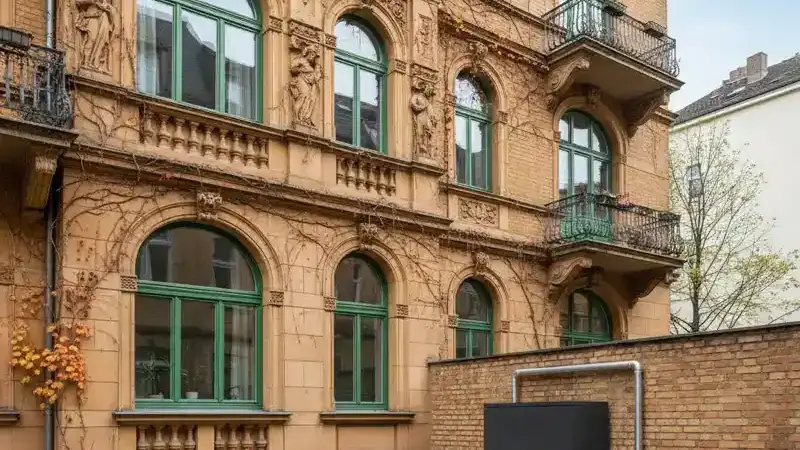 Gründerzeitfassade in der Grevener Südstadt mit moderner Wärmepumpe im Hinterhof