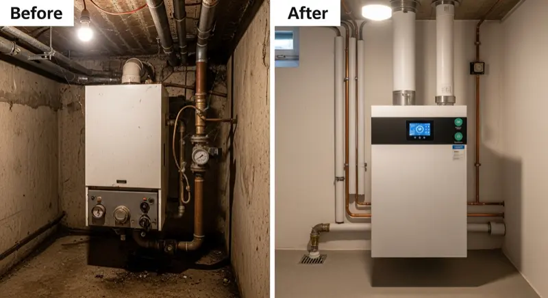 Vorher-Nachher-Vergleich: alter Gaskessel und moderne Wärmepumpe in einem Ibbenbürener Keller