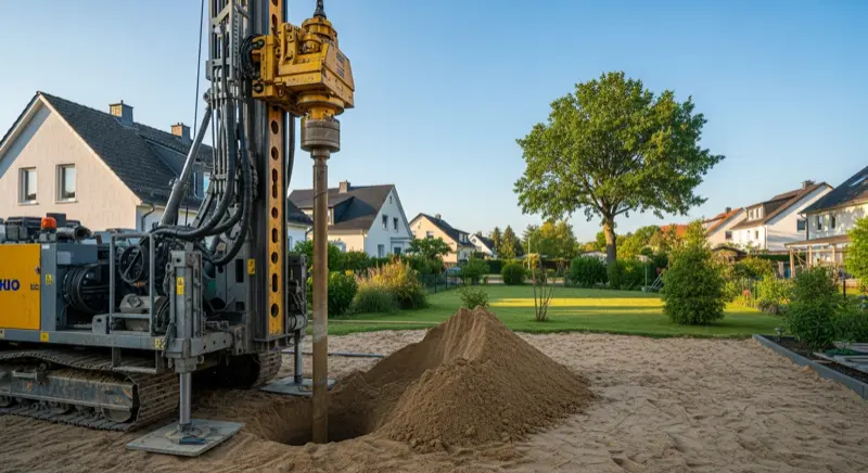 Erdwärmebohrung im Garten eines Einfamilienhauses in Leipzig-Holzhausen mit sandigen Böden der Tieflandsbucht