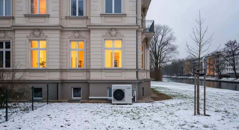 Moderne Luft-Wasser-Wärmepumpe im Garten eines sanierten Gründerzeithauses in Leipzig-Plagwitz mit Blick auf die Karl-Heine-Straße