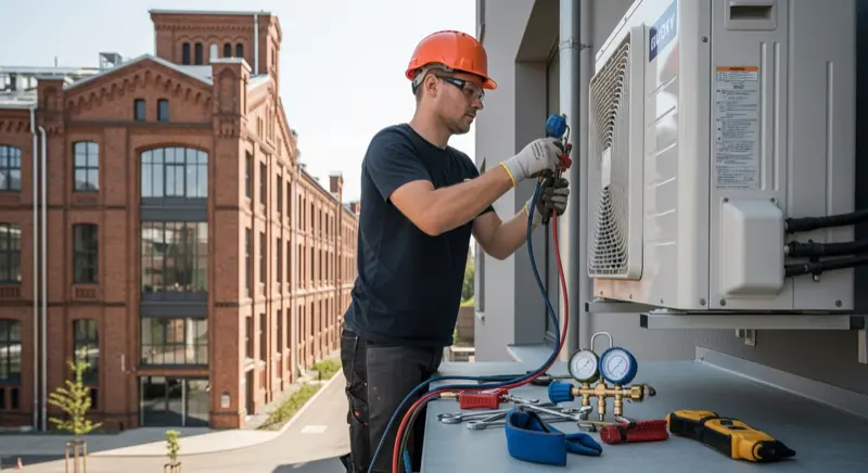 Heizungsinstallateur montiert eine Wärmepumpe an einem Leipziger Wohnhaus in Plagwitz mit sichtbarer Industriearchitektur im Hintergrund