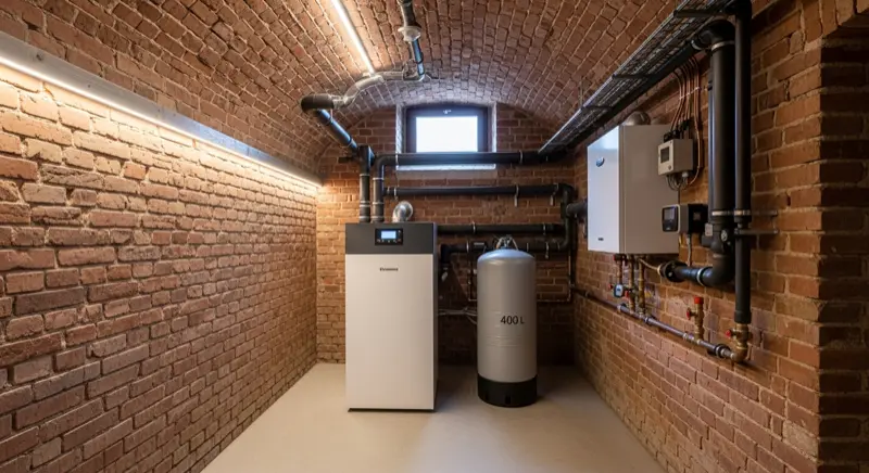 Moderner Technikraum mit Wärmepumpen-Inneneinheit, Pufferspeicher und Warmwasserspeicher im Keller eines Leipziger Gründerzeithauses