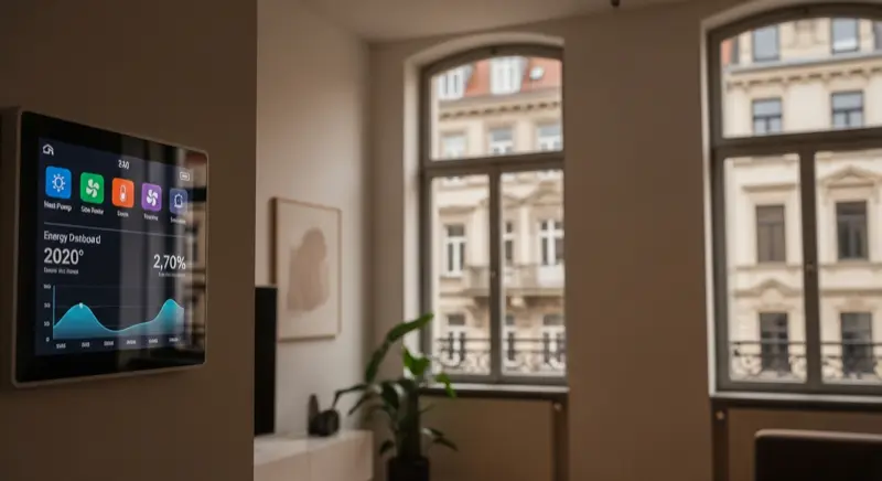 Smart-Home-Steuerung einer Wärmepumpe auf einem Wanddisplay in einem modernen Leipziger Wohnzimmer mit Blick auf Gründerzeitfassaden