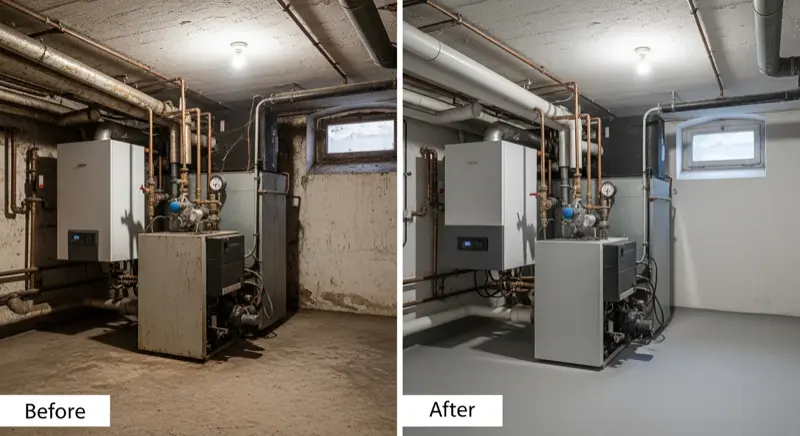 Vorher und nachher: Alte Gasheizung neben moderner Wärmepumpe in einem Leipziger Gründerzeithaus