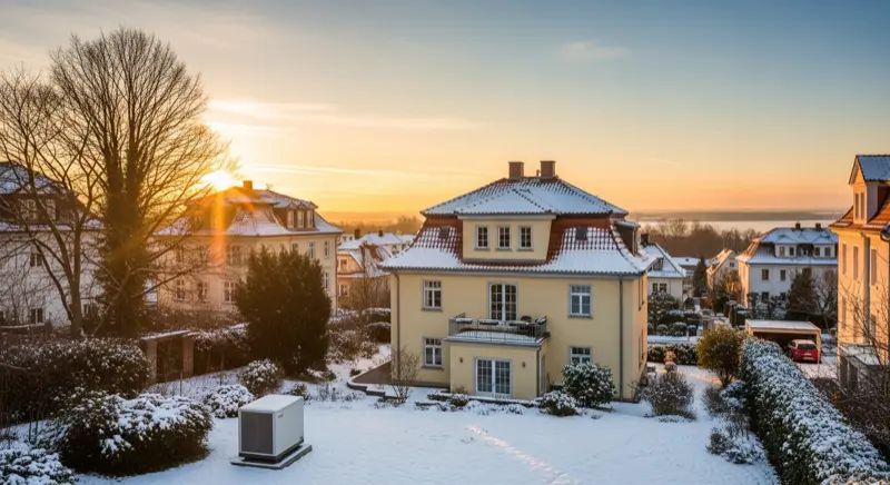 Winterliche Wohnsiedlung in Leipzig-Gohlis mit Wärmepumpen an Einfamilienhäusern und leichter Schneedecke