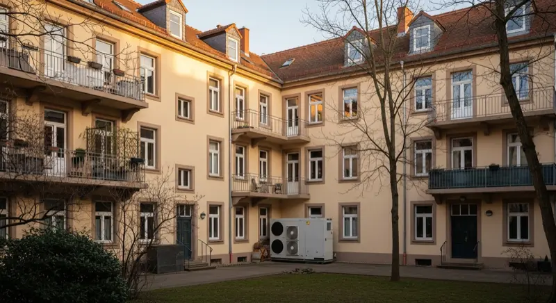 Typisches Mannheimer Wohnhaus in den Quadraten mit nachgerüsteter Wärmepumpe im Innenhof